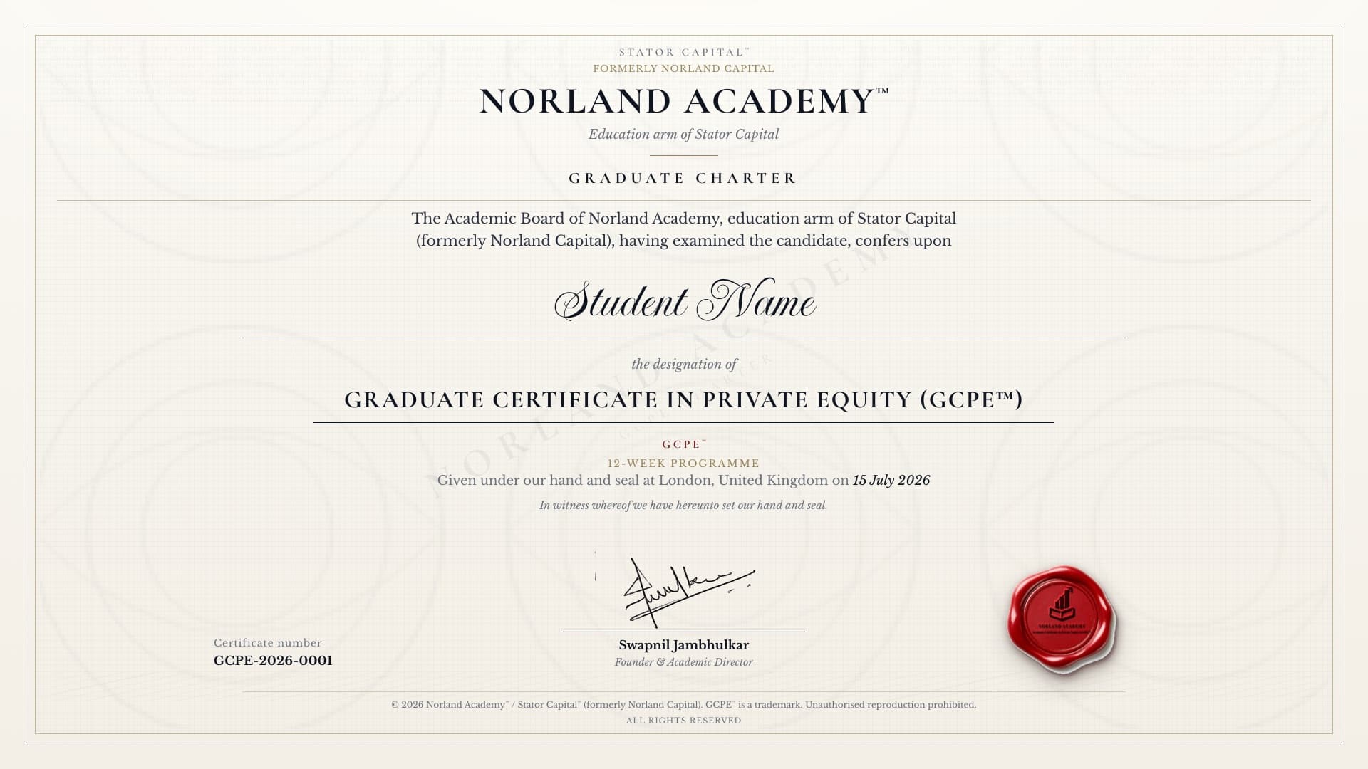GCPE Graduate Charter certificate sample from Norland Academy
